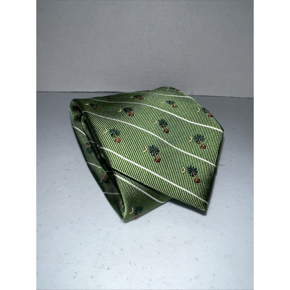Rooster‎ Men's Tie 100% Silk Green White Stripe Moon Palm Tree 3"W 60"L